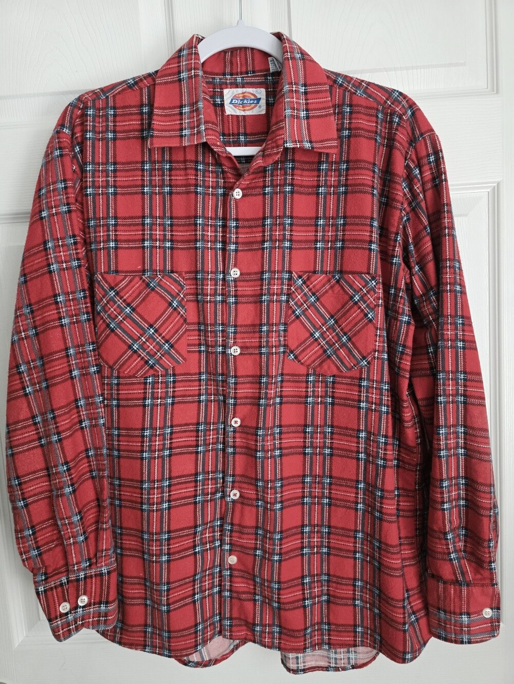 Vintage 80s Dickies Red Plaid Flannel Shirt L Made In Yugoslavia Cotton